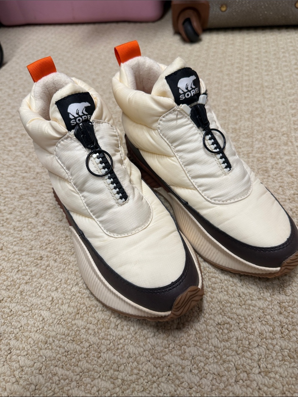 Sorel Cream and Brown Puffer Slip-On Sneakers with Orange Pull Tabs
